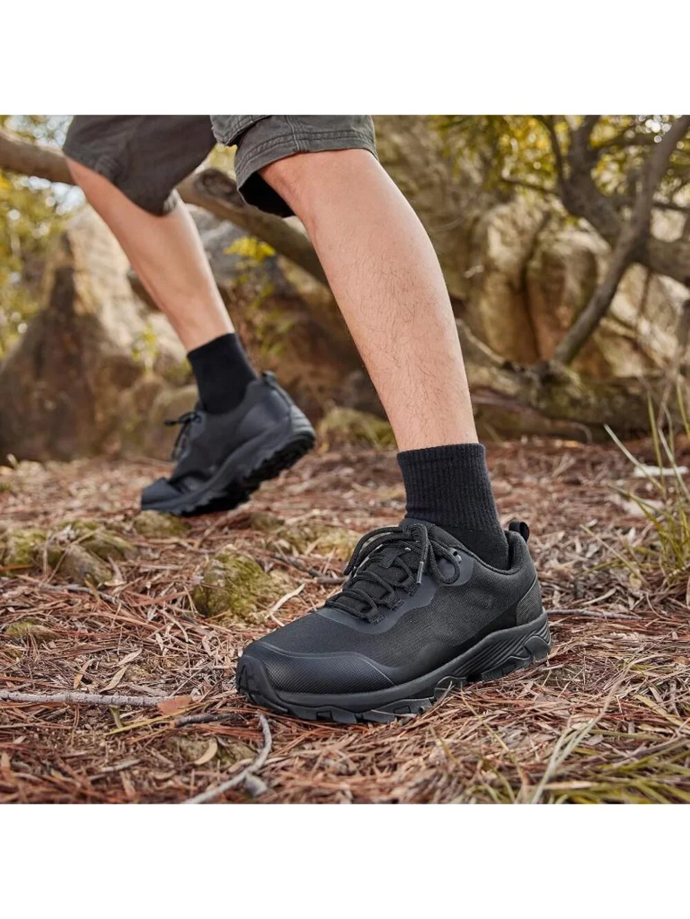 Men's Black Trekking Shoes Low Top Round Toe Non Slip Zipper Hiking Boot